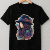 "Stylish black t-shirt with vibrant girl face illustration in floral hat – UP ROYAL BRAND" "Black half sleeve cotton t-shirt featuring colorful artwork of a girl – UP ROYAL BRAND" "Trendy printed black t-shirt for women with artistic face design – UP ROYAL BRAND" "Fashionable black graphic t-shirt with creative colorful girl print – UP ROYAL BRAND"
