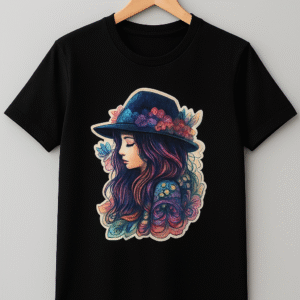 Black Cotton T-Shirt with Colorful Artistic Girl Print – UP ROYAL BRAND "Stylish black t-shirt with vibrant girl face illustration in floral hat – UP ROYAL BRAND" "Black half sleeve cotton t-shirt featuring colorful artwork of a girl – UP ROYAL BRAND" "Trendy printed black t-shirt for women with artistic face design – UP ROYAL BRAND" "Fashionable black graphic t-shirt with creative colorful girl print – UP ROYAL BRAND"