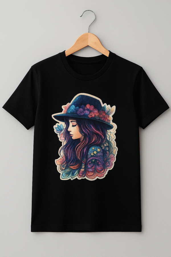 "Stylish black t-shirt with vibrant girl face illustration in floral hat – UP ROYAL BRAND" "Black half sleeve cotton t-shirt featuring colorful artwork of a girl – UP ROYAL BRAND" "Trendy printed black t-shirt for women with artistic face design – UP ROYAL BRAND" "Fashionable black graphic t-shirt with creative colorful girl print – UP ROYAL BRAND"